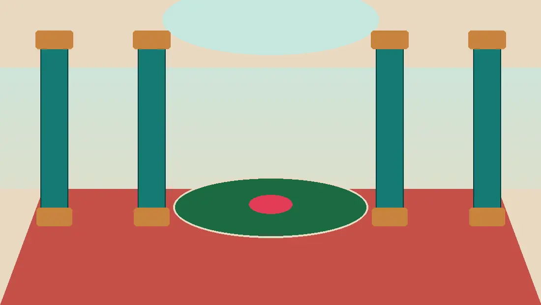 Roulette table and a three-reel pokie between palace columns